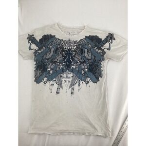 Affliction Mens Graphic T-Shirt Cream Blue Skull Dagger Studded Distressed M